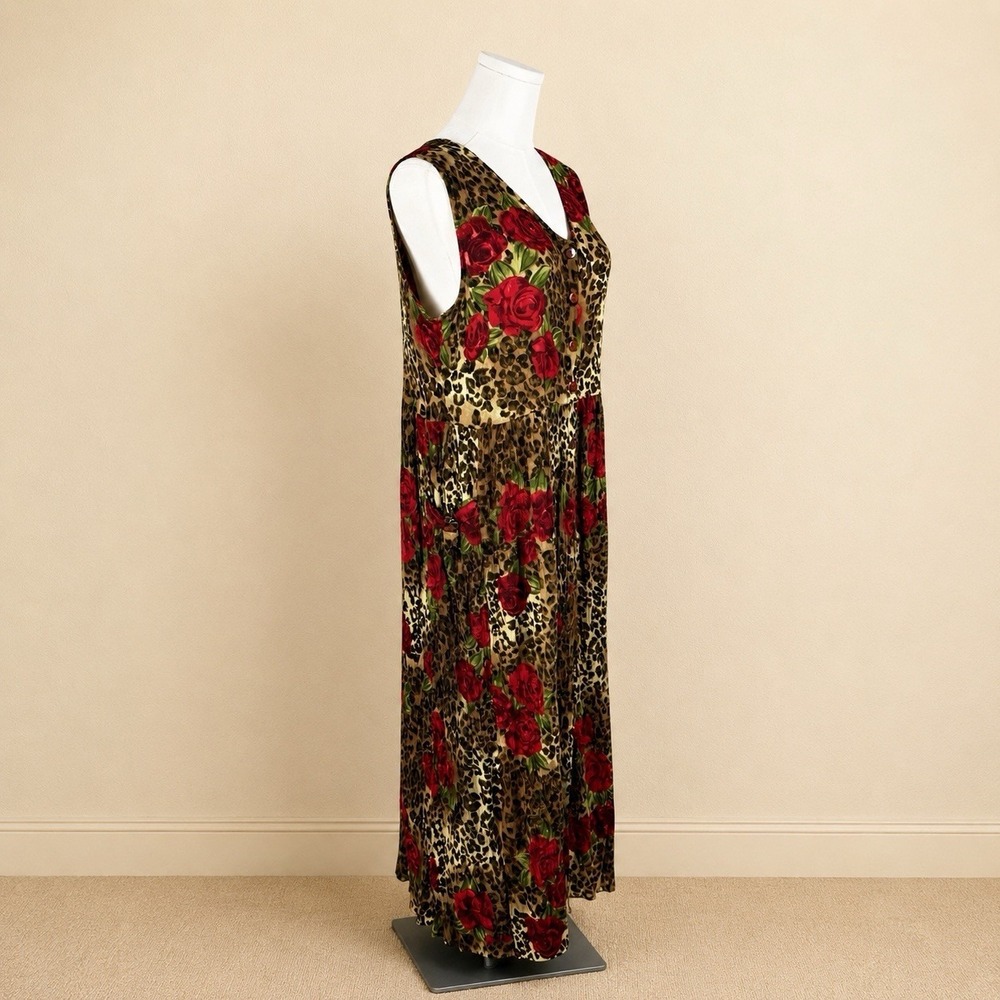 Vintage 90's Bila Animal Print Crinkle Rayon Dress Roses Pockets Boho Size Large